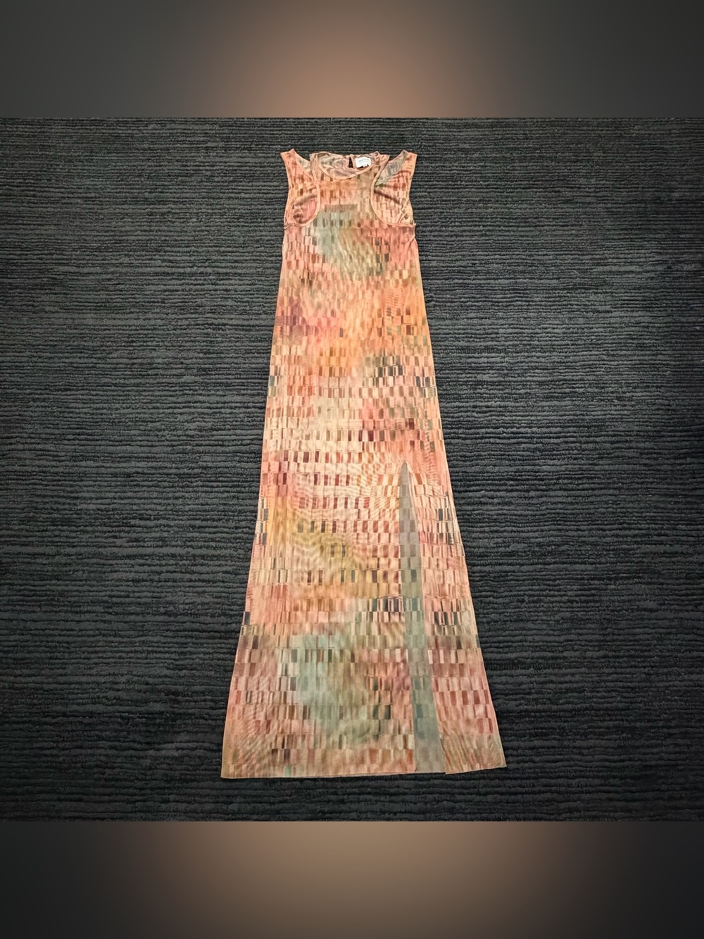 MISA Fernanda Mesh Multicolor Geo Print Thigh-high Slit Maxi Dress